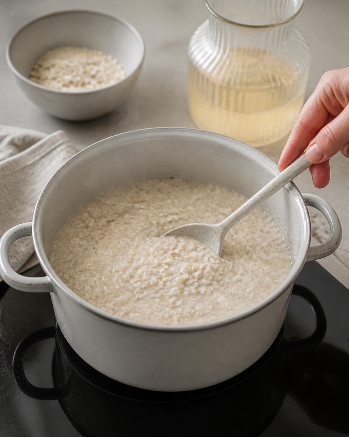 One single photorealistic instructional frame of creamy breakfast porridge gently simmering in one pot for Bircher Müsli med pære, featuring grove havregryn, pære, æblejuice, with only the named equipment and no unrelated food, text, logos or packaging under tilberedningen af bircher müsli med pære