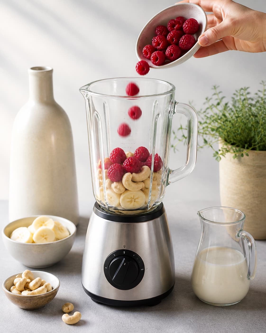 One single photorealistic instructional frame of prepared fruit and measured liquid beside one blender for Hindbær og cashew smoothie, featuring hindbær, cashewnødder, banan, with only the named equipment and no unrelated food, text, logos or packaging under tilberedningen af hindbær og cashew smoothie