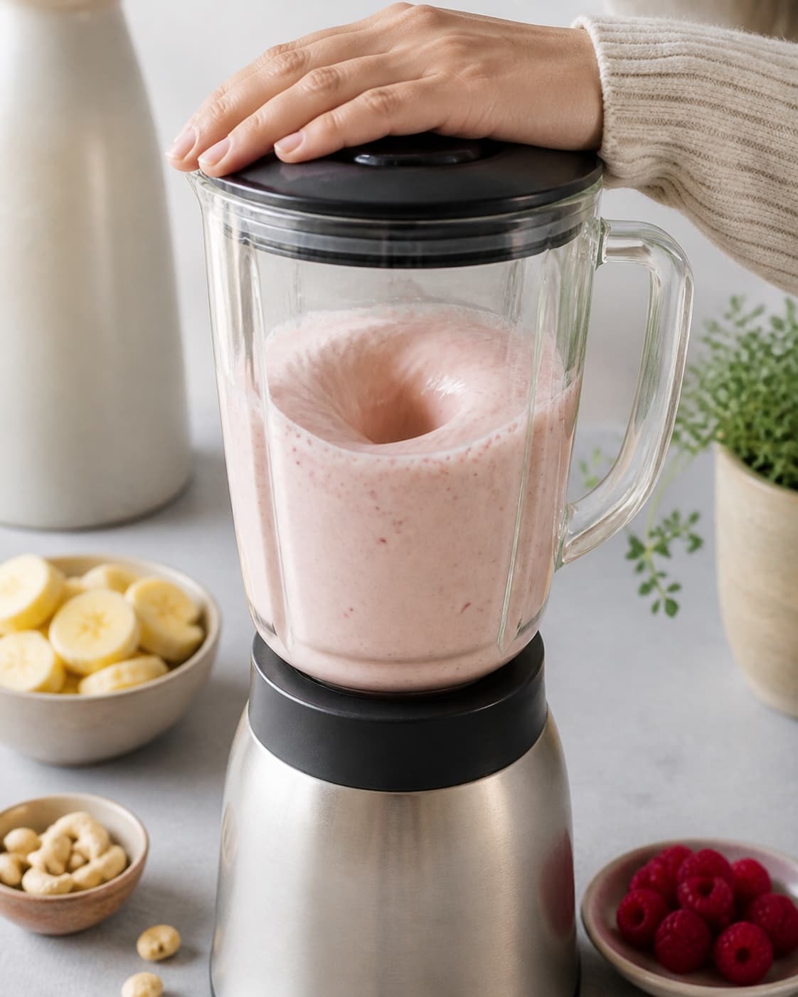 One single photorealistic instructional frame of a smooth pale base swirling inside one blender for Hindbær og cashew smoothie, featuring hindbær, cashewnødder, banan, with only the named equipment and no unrelated food, text, logos or packaging under tilberedningen af hindbær og cashew smoothie