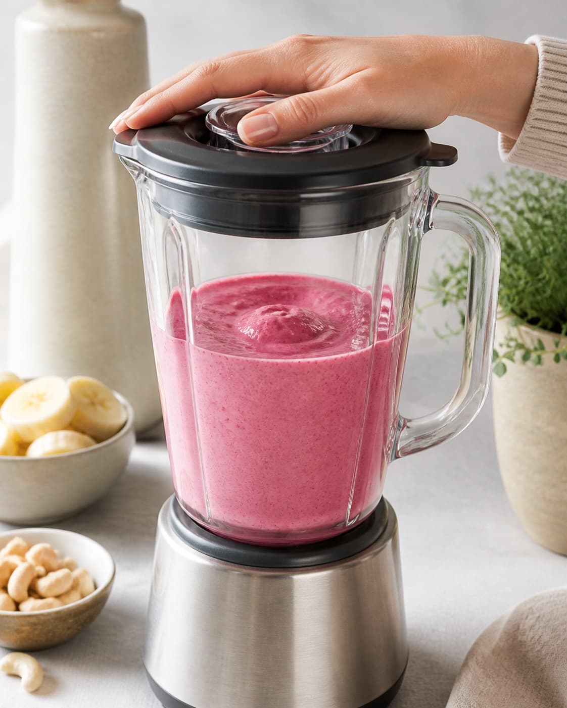 One single photorealistic instructional frame of the final colorful smoothie blending until thick and uniform for Hindbær og cashew smoothie, featuring hindbær, cashewnødder, banan, with only the named equipment and no unrelated food, text, logos or packaging under tilberedningen af hindbær og cashew smoothie