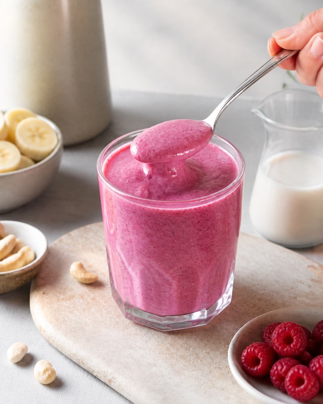 One single photorealistic instructional frame of one spoon checking the thick smoothie consistency for Hindbær og cashew smoothie, featuring hindbær, cashewnødder, banan, with only the named equipment and no unrelated food, text, logos or packaging under tilberedningen af hindbær og cashew smoothie