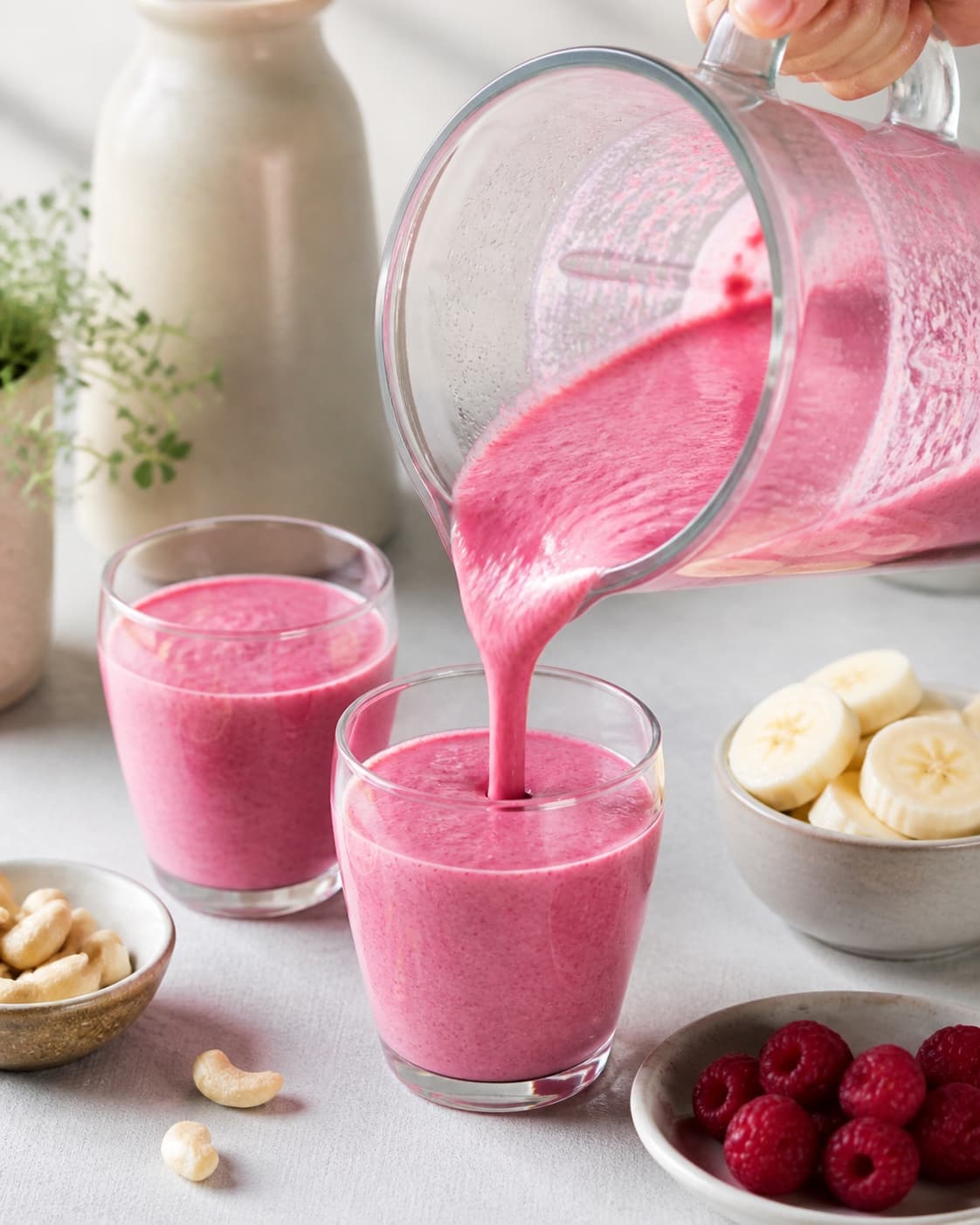 One single photorealistic instructional frame of the finished smoothie poured into clean chilled glasses or bowls for Hindbær og cashew smoothie, featuring hindbær, cashewnødder, banan, with only the named equipment and no unrelated food, text, logos or packaging under tilberedningen af hindbær og cashew smoothie