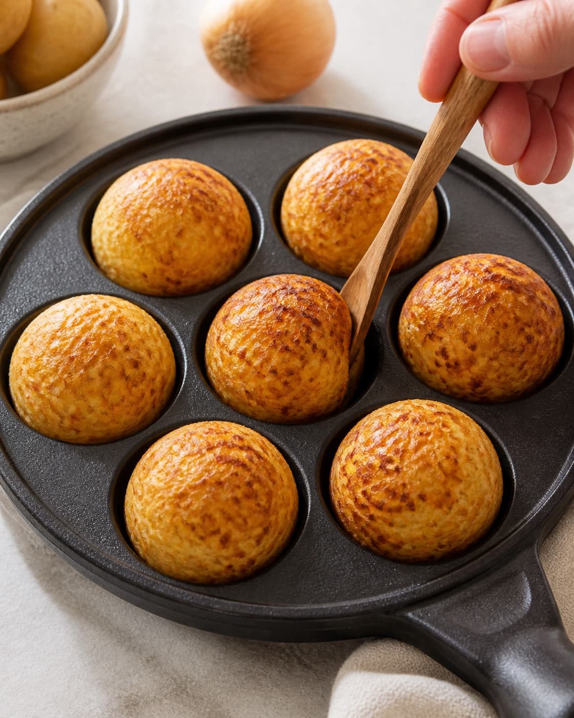 One single photorealistic instructional frame of equal patties browning in one skillet for Rösti - lavet i æbleskivepanden, featuring kartofler, løg, æg, with only the named equipment and no unrelated food, text, logos or packaging under tilberedningen af rösti - lavet i æbleskivepanden