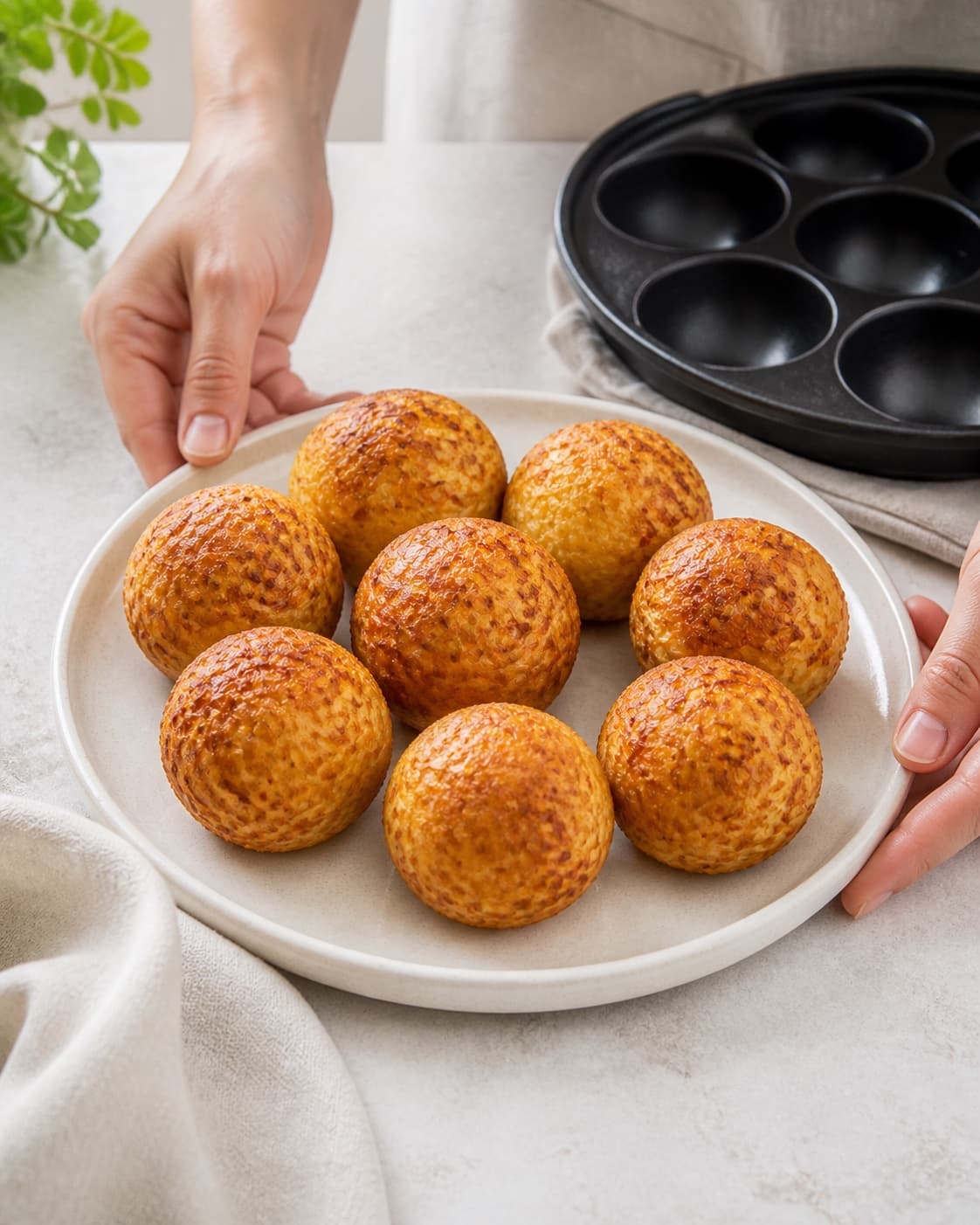 One single photorealistic instructional frame of the cooked patties resting neatly on one platter for Rösti - lavet i æbleskivepanden, featuring kartofler, løg, æg, with only the named equipment and no unrelated food, text, logos or packaging under tilberedningen af rösti - lavet i æbleskivepanden