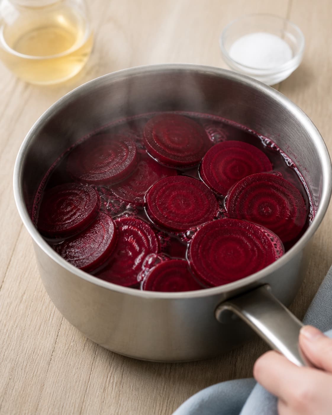 One single photorealistic instructional frame of the main vegetable simmering until tender for Syltede rødbeder, featuring rødbeder, æblecidereddike, sukker, with only the named equipment and no unrelated food, text, logos or packaging under tilberedningen af syltede rødbeder