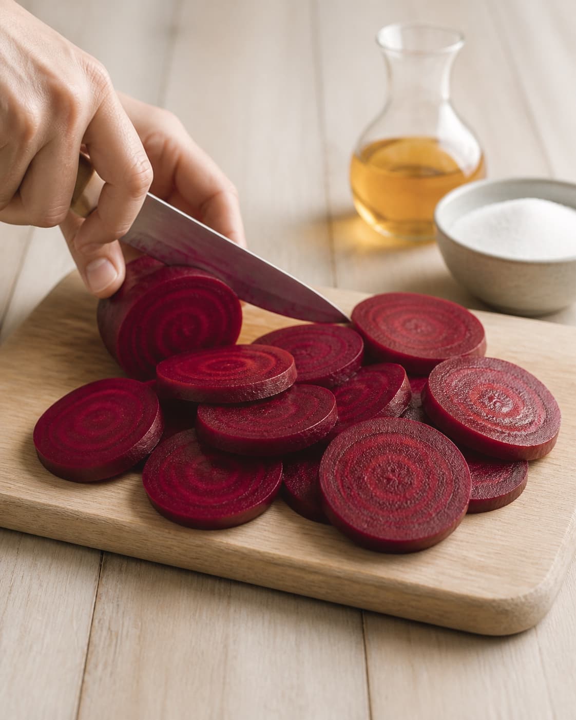 One single photorealistic instructional frame of even vegetable slices prepared on one board for Syltede rødbeder, featuring rødbeder, æblecidereddike, sukker, with only the named equipment and no unrelated food, text, logos or packaging under tilberedningen af syltede rødbeder