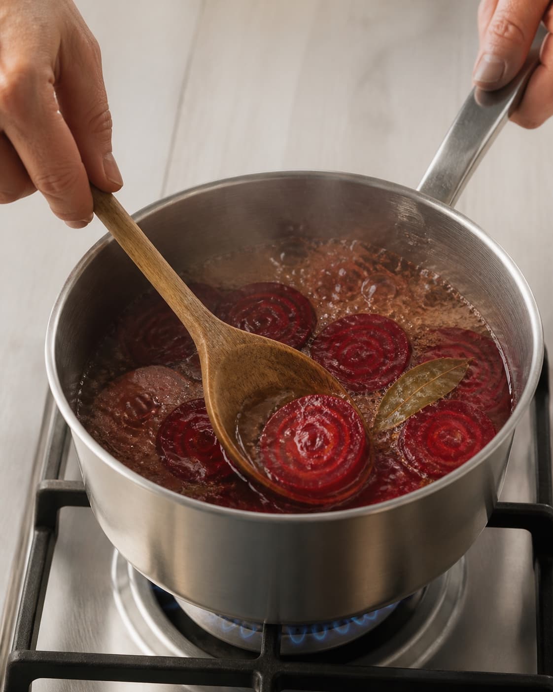 One single photorealistic instructional frame of clear spiced pickling brine simmering for Syltede rødbeder, featuring rødbeder, æblecidereddike, sukker, with only the named equipment and no unrelated food, text, logos or packaging under tilberedningen af syltede rødbeder