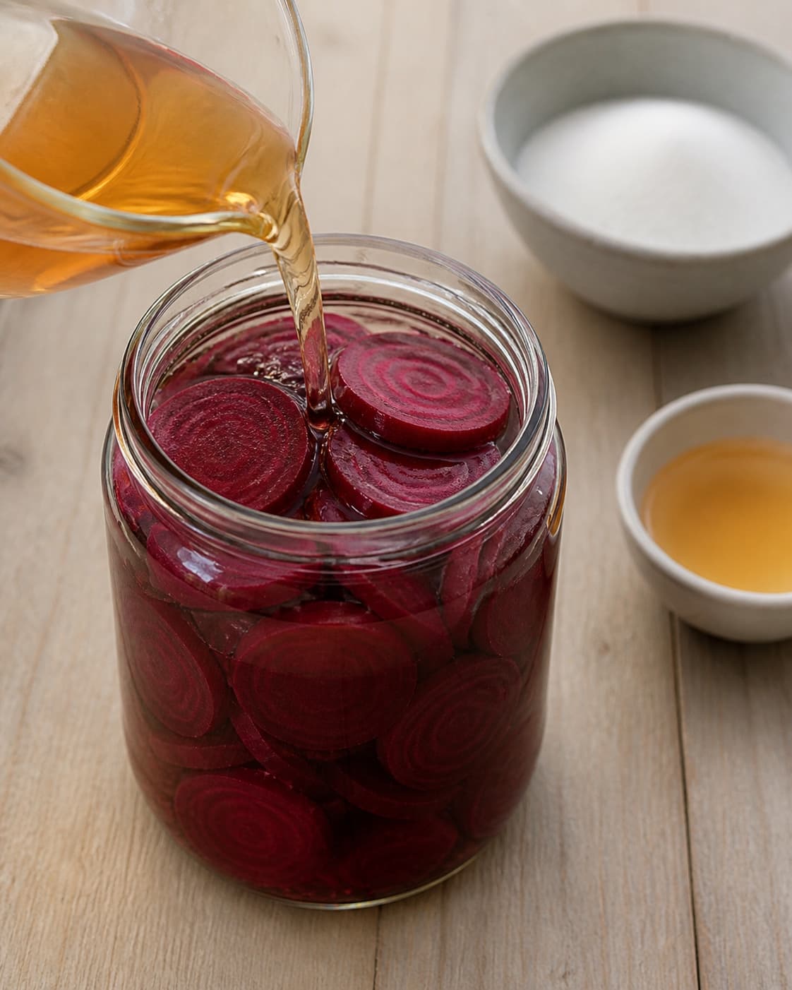 One single photorealistic instructional frame of the sliced vegetables packed under brine in one clean jar for Syltede rødbeder, featuring rødbeder, æblecidereddike, sukker, with only the named equipment and no unrelated food, text, logos or packaging under tilberedningen af syltede rødbeder