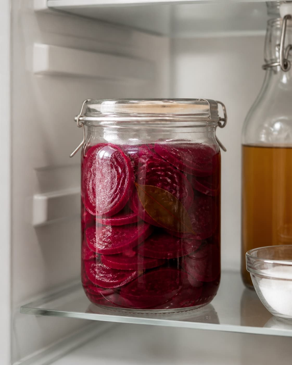 One single photorealistic instructional frame of the sealed pickle jar resting in refrigeration for Syltede rødbeder, featuring rødbeder, æblecidereddike, sukker, with only the named equipment and no unrelated food, text, logos or packaging under tilberedningen af syltede rødbeder