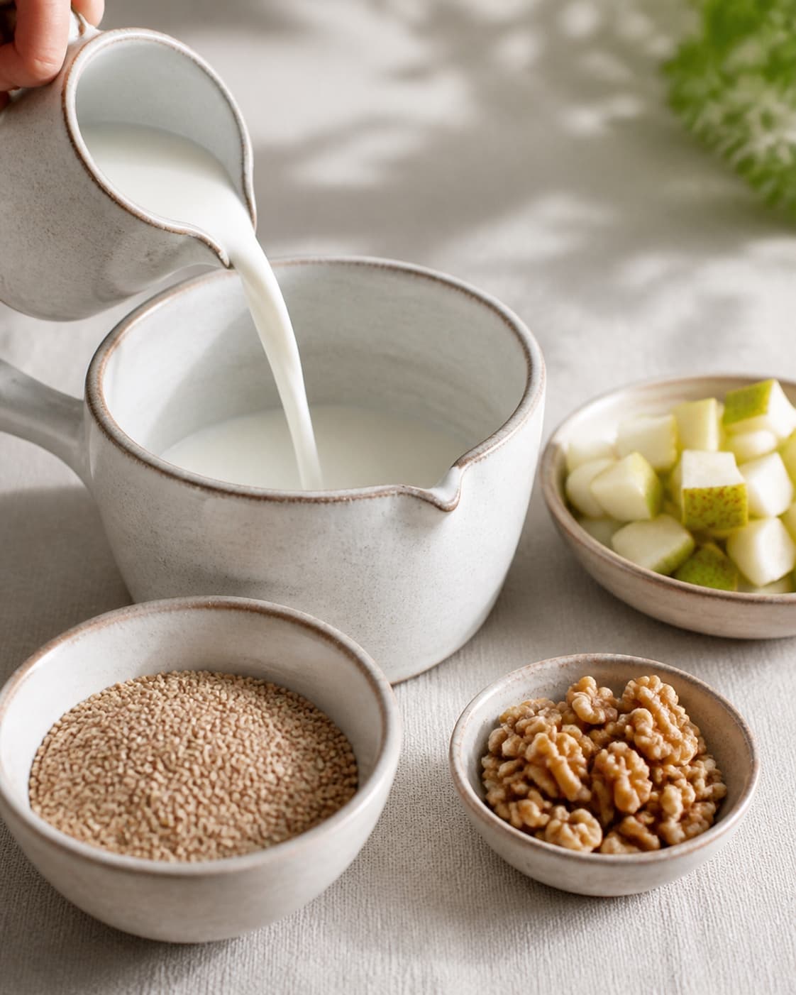 One single photorealistic instructional frame of measured grains seeds and liquid before cooking for Boghvedegrød med pærer og valnødder, featuring boghvedegryn, mælk, pærer, with only the named equipment and no unrelated food, text, logos or packaging under tilberedningen af boghvedegrød med pærer og valnødder