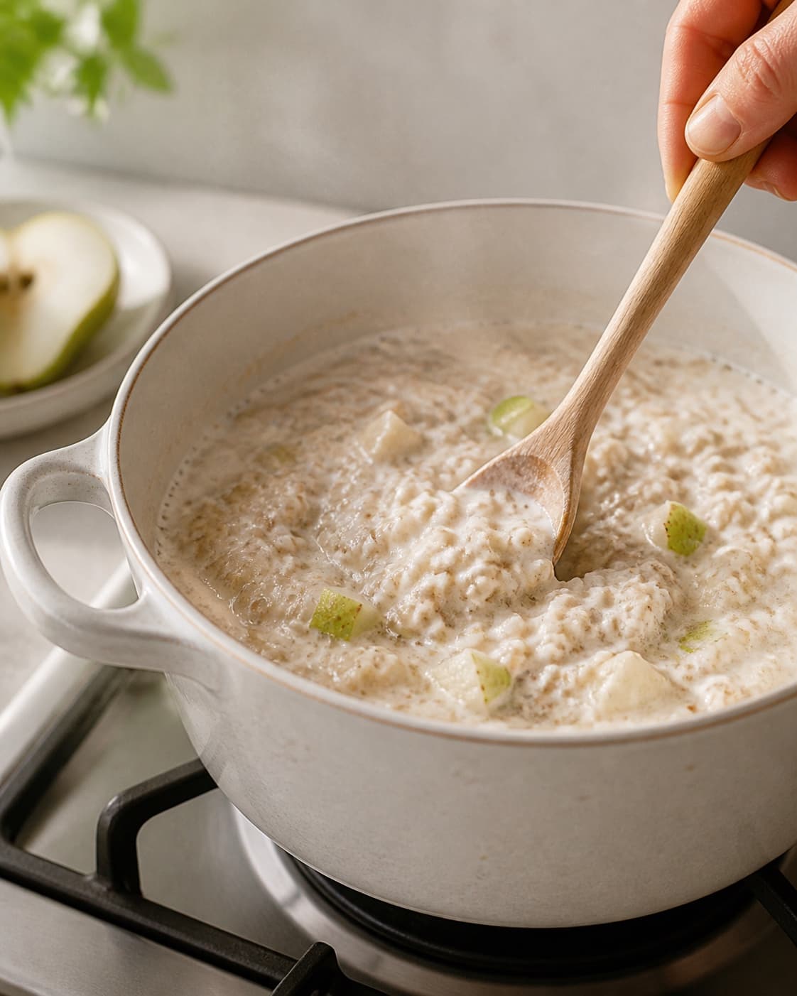 One single photorealistic instructional frame of creamy breakfast porridge gently simmering in one pot for Boghvedegrød med pærer og valnødder, featuring boghvedegryn, mælk, pærer, with only the named equipment and no unrelated food, text, logos or packaging under tilberedningen af boghvedegrød med pærer og valnødder