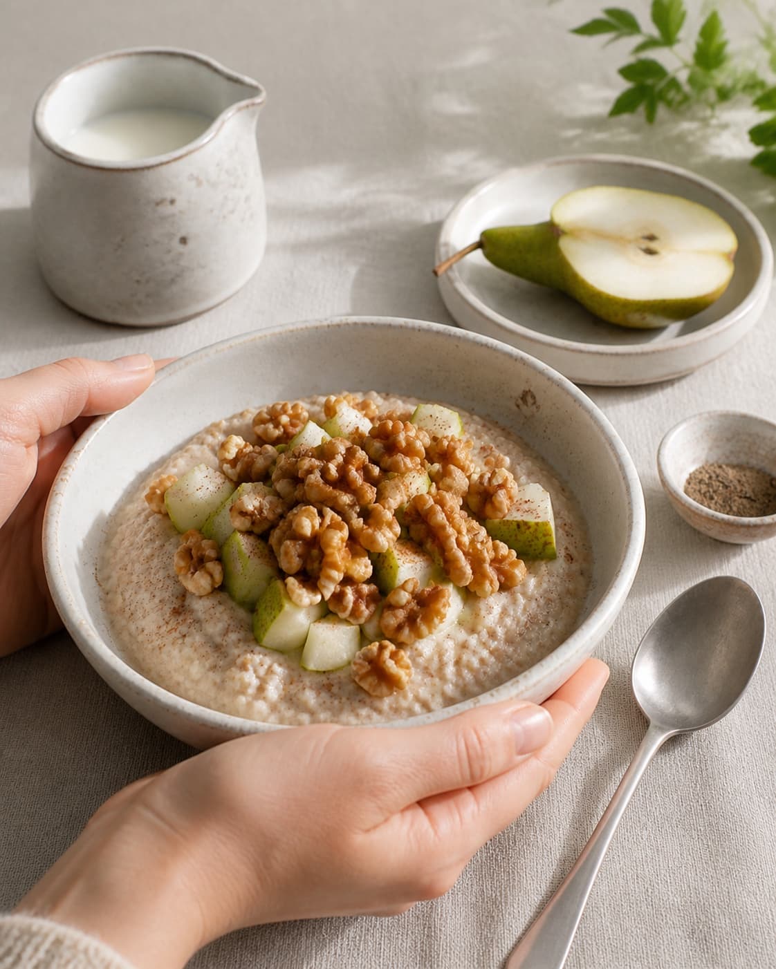 One single photorealistic instructional frame of finished breakfast bowls topped with the named fruit and garnish for Boghvedegrød med pærer og valnødder, featuring boghvedegryn, mælk, pærer, with only the named equipment and no unrelated food, text, logos or packaging under tilberedningen af boghvedegrød med pærer og valnødder