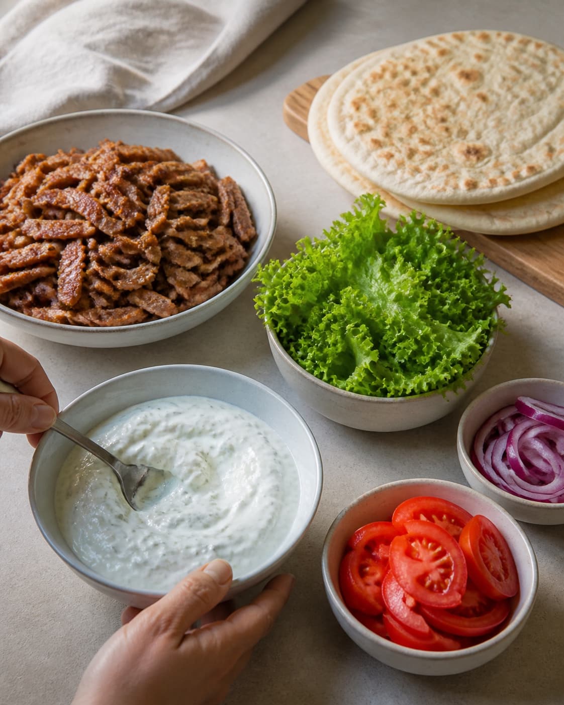 One single photorealistic instructional frame of fresh wrap fillings and sauce prepared separately for Kebab shawarma, featuring lammekød, græsk yoghurt, fladbrød, with only the named equipment and no unrelated food, text, logos or packaging under tilberedningen af kebab shawarma