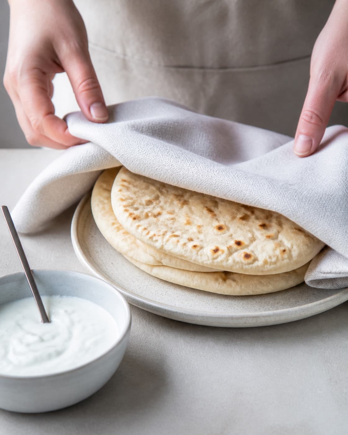 One single photorealistic instructional frame of soft flexible flatbreads warming under one cloth for Kebab shawarma, featuring lammekød, græsk yoghurt, fladbrød, with only the named equipment and no unrelated food, text, logos or packaging under tilberedningen af kebab shawarma