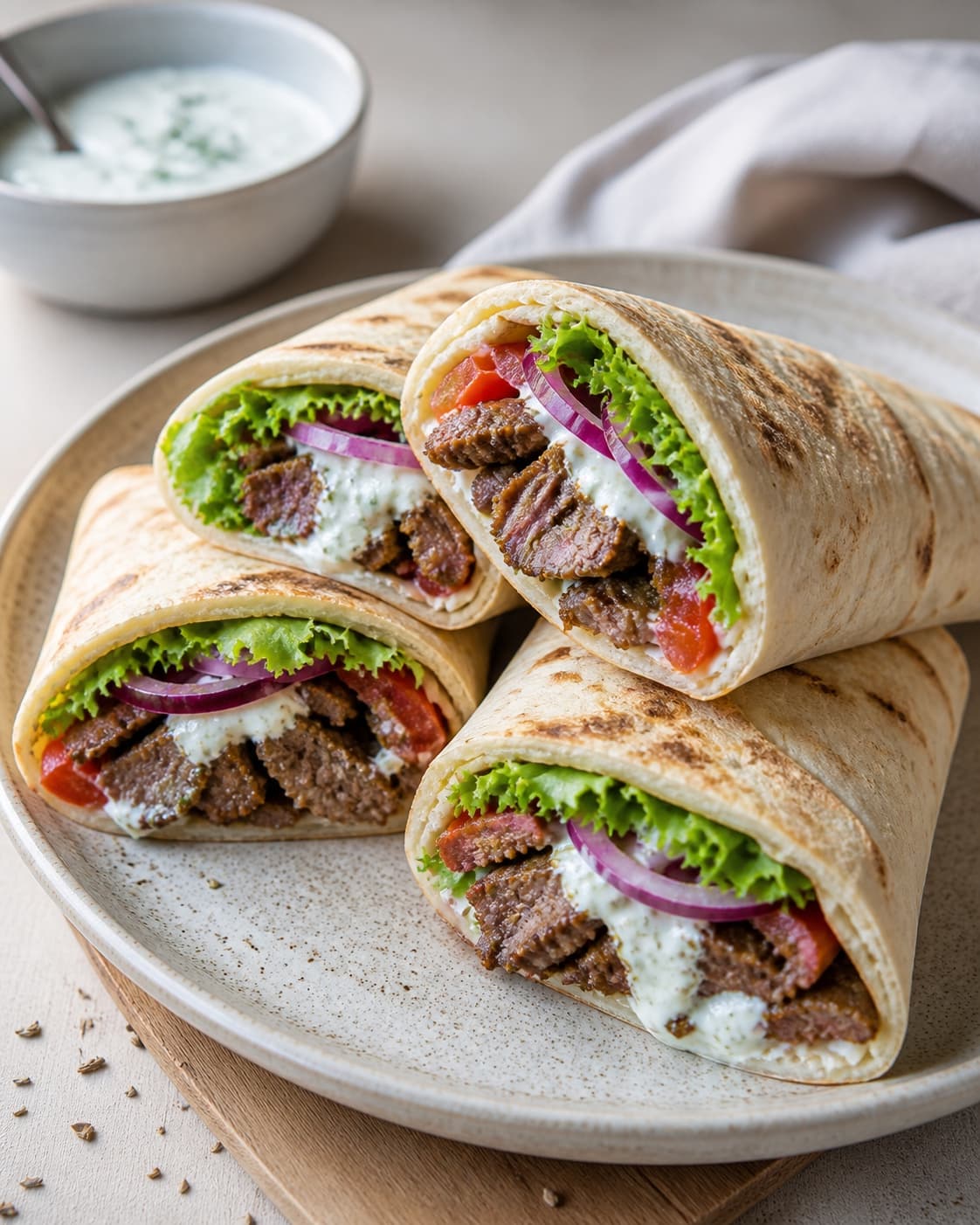 One single photorealistic instructional frame of completed wraps cut cleanly and arranged on one platter for Kebab shawarma, featuring lammekød, græsk yoghurt, fladbrød, with only the named equipment and no unrelated food, text, logos or packaging under tilberedningen af kebab shawarma