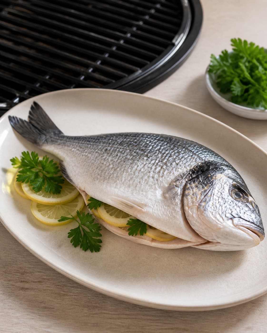 One single photorealistic instructional frame of the cleaned main ingredient prepared beside the grill for Dorader på grillen, featuring hele dorader, citron, frisk persille, with only the named equipment and no unrelated food, text, logos or packaging under tilberedningen af dorader på grillen