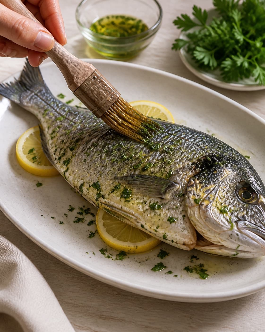 One single photorealistic instructional frame of the main ingredient being brushed with seasoning for Dorader på grillen, featuring hele dorader, citron, frisk persille, with only the named equipment and no unrelated food, text, logos or packaging under tilberedningen af dorader på grillen