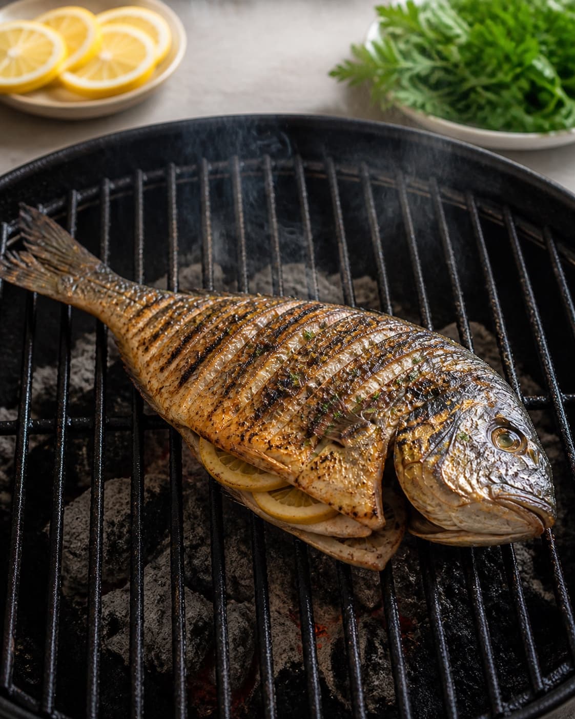 One single photorealistic instructional frame of the main ingredient grilling with clear sear marks for Dorader på grillen, featuring hele dorader, citron, frisk persille, with only the named equipment and no unrelated food, text, logos or packaging under tilberedningen af dorader på grillen
