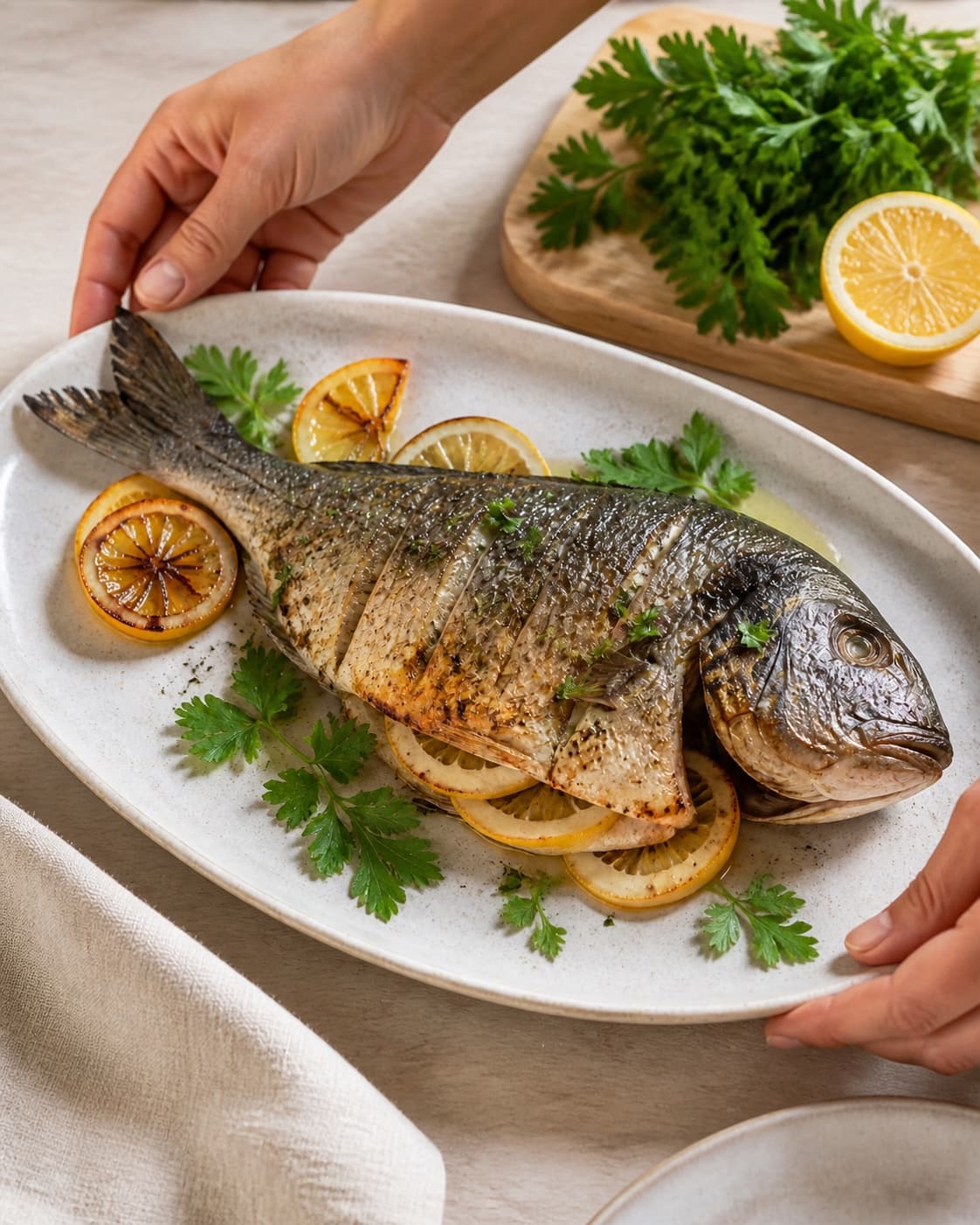 One single photorealistic instructional frame of the grilled dish resting on one serving platter for Dorader på grillen, featuring hele dorader, citron, frisk persille, with only the named equipment and no unrelated food, text, logos or packaging under tilberedningen af dorader på grillen