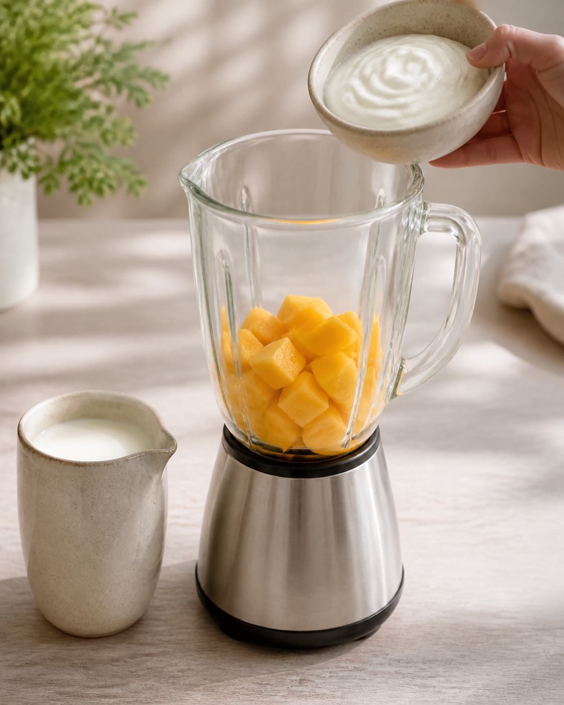 One single photorealistic instructional frame of prepared fruit and measured liquid beside one blender for Mango Lassi, featuring mango, yoghurt naturel, mælk, with only the named equipment and no unrelated food, text, logos or packaging under tilberedningen af mango lassi