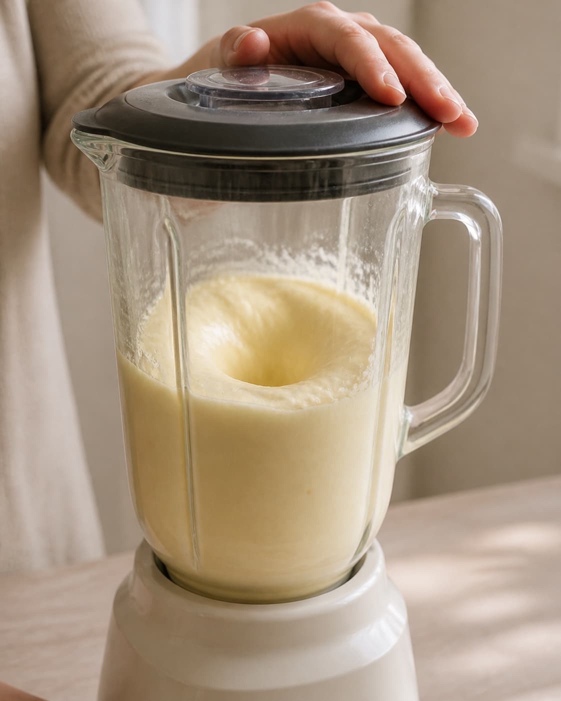 One single photorealistic instructional frame of a smooth pale base swirling inside one blender for Mango Lassi, featuring mango, yoghurt naturel, mælk, with only the named equipment and no unrelated food, text, logos or packaging under tilberedningen af mango lassi