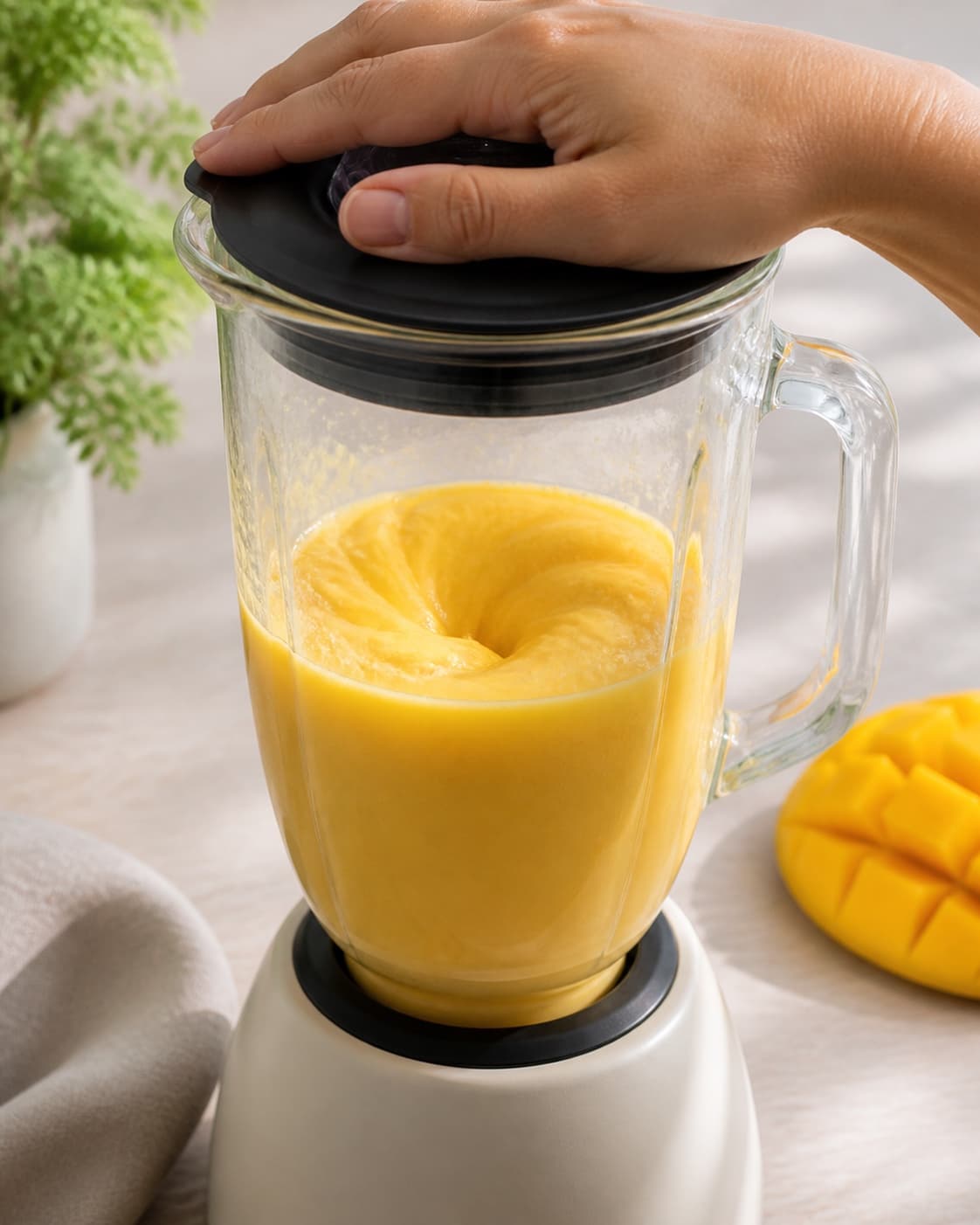 One single photorealistic instructional frame of the final colorful smoothie blending until thick and uniform for Mango Lassi, featuring mango, yoghurt naturel, mælk, with only the named equipment and no unrelated food, text, logos or packaging under tilberedningen af mango lassi