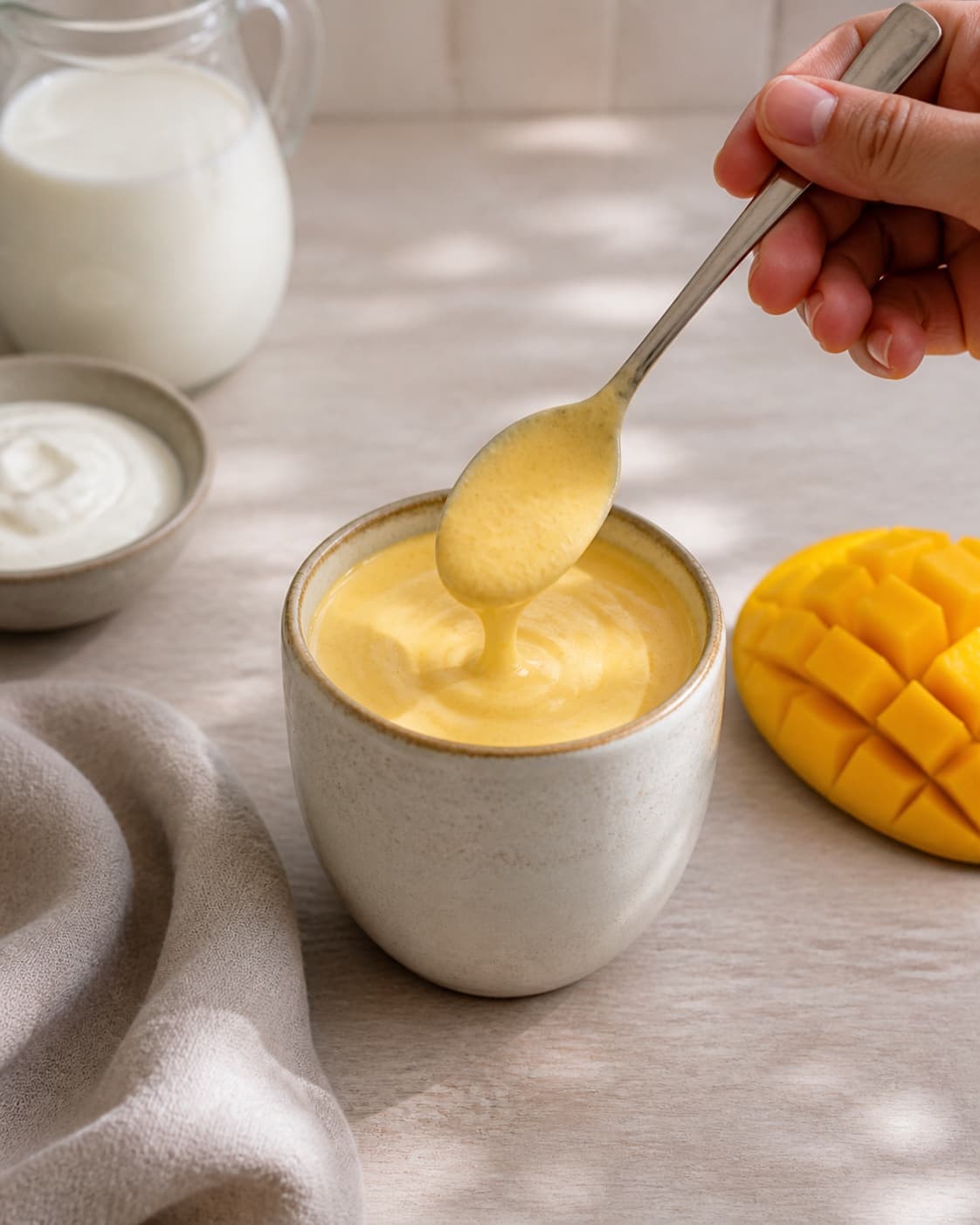 One single photorealistic instructional frame of one spoon checking the thick smoothie consistency for Mango Lassi, featuring mango, yoghurt naturel, mælk, with only the named equipment and no unrelated food, text, logos or packaging under tilberedningen af mango lassi