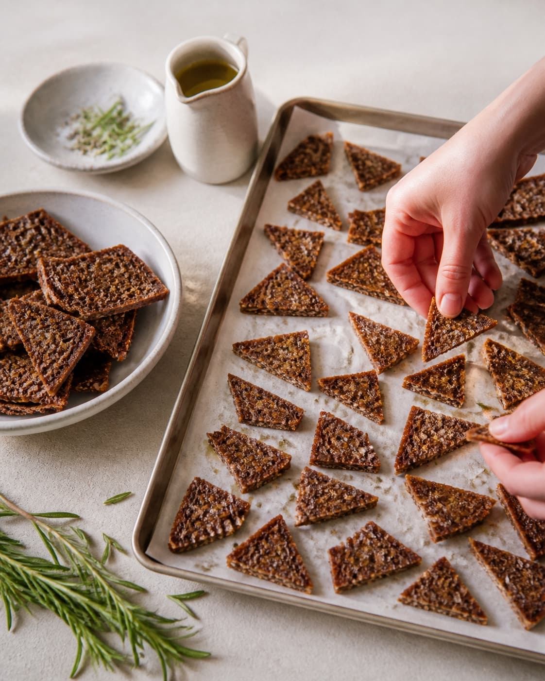 One single photorealistic instructional frame of the main ingredient trimmed cut and dried before roasting for Rugbrødschips, featuring rugbrød, olivenolie, frisk rosmarin, with only the named equipment and no unrelated food, text, logos or packaging under tilberedningen af rugbrødschips