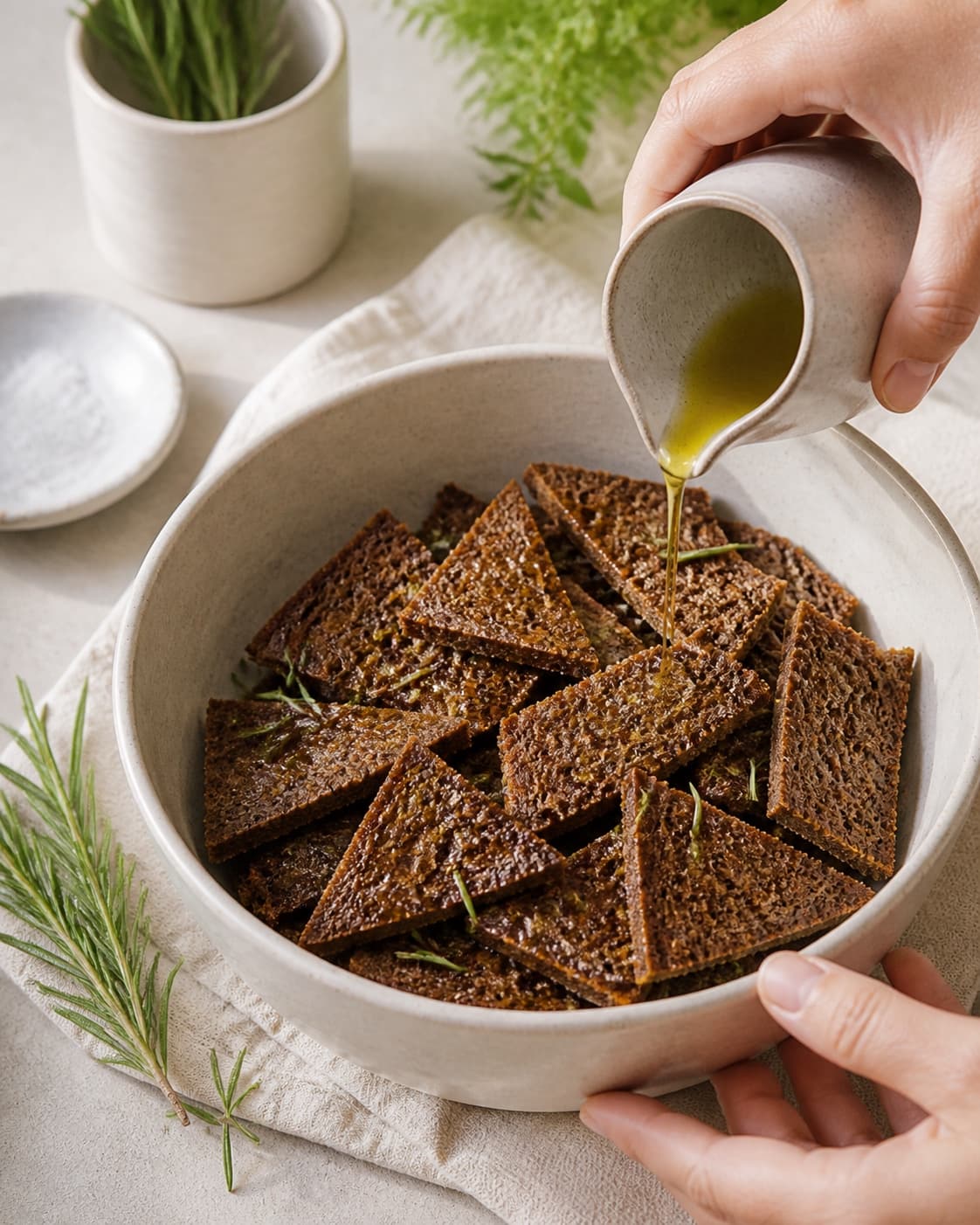 One single photorealistic instructional frame of the main ingredient being evenly coated with seasoning for Rugbrødschips, featuring rugbrød, olivenolie, frisk rosmarin, with only the named equipment and no unrelated food, text, logos or packaging under tilberedningen af rugbrødschips