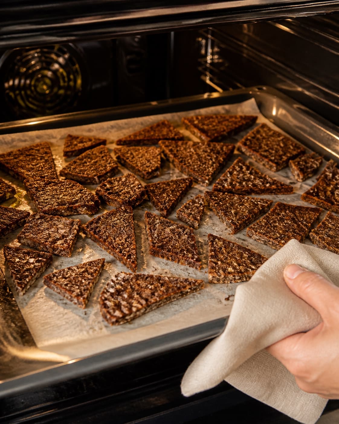 One single photorealistic instructional frame of the seasoned main ingredient roasting until properly cooked for Rugbrødschips, featuring rugbrød, olivenolie, frisk rosmarin, with only the named equipment and no unrelated food, text, logos or packaging under tilberedningen af rugbrødschips