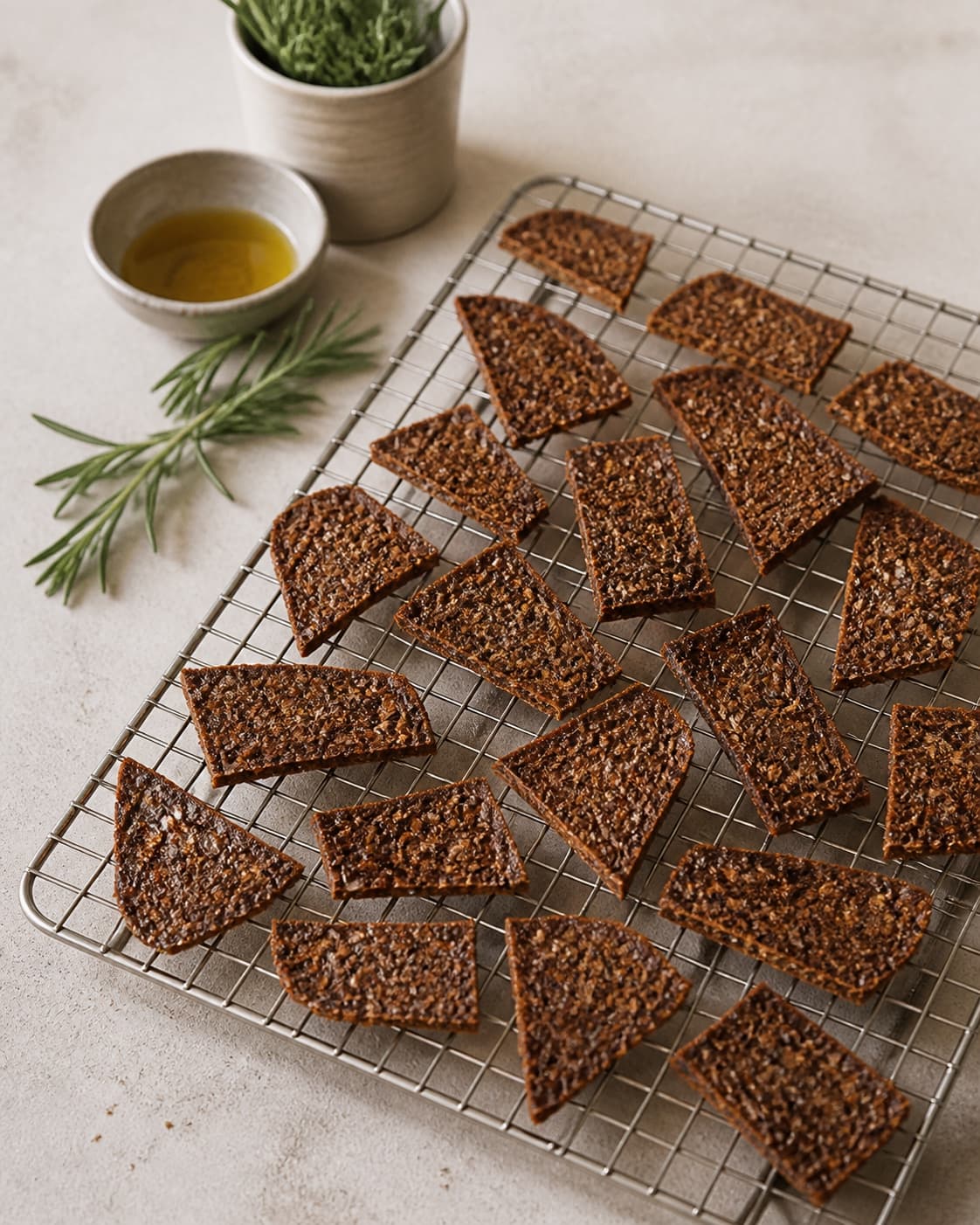 One single photorealistic instructional frame of the cooked ingredient resting uncovered on one rack or platter for Rugbrødschips, featuring rugbrød, olivenolie, frisk rosmarin, with only the named equipment and no unrelated food, text, logos or packaging under tilberedningen af rugbrødschips