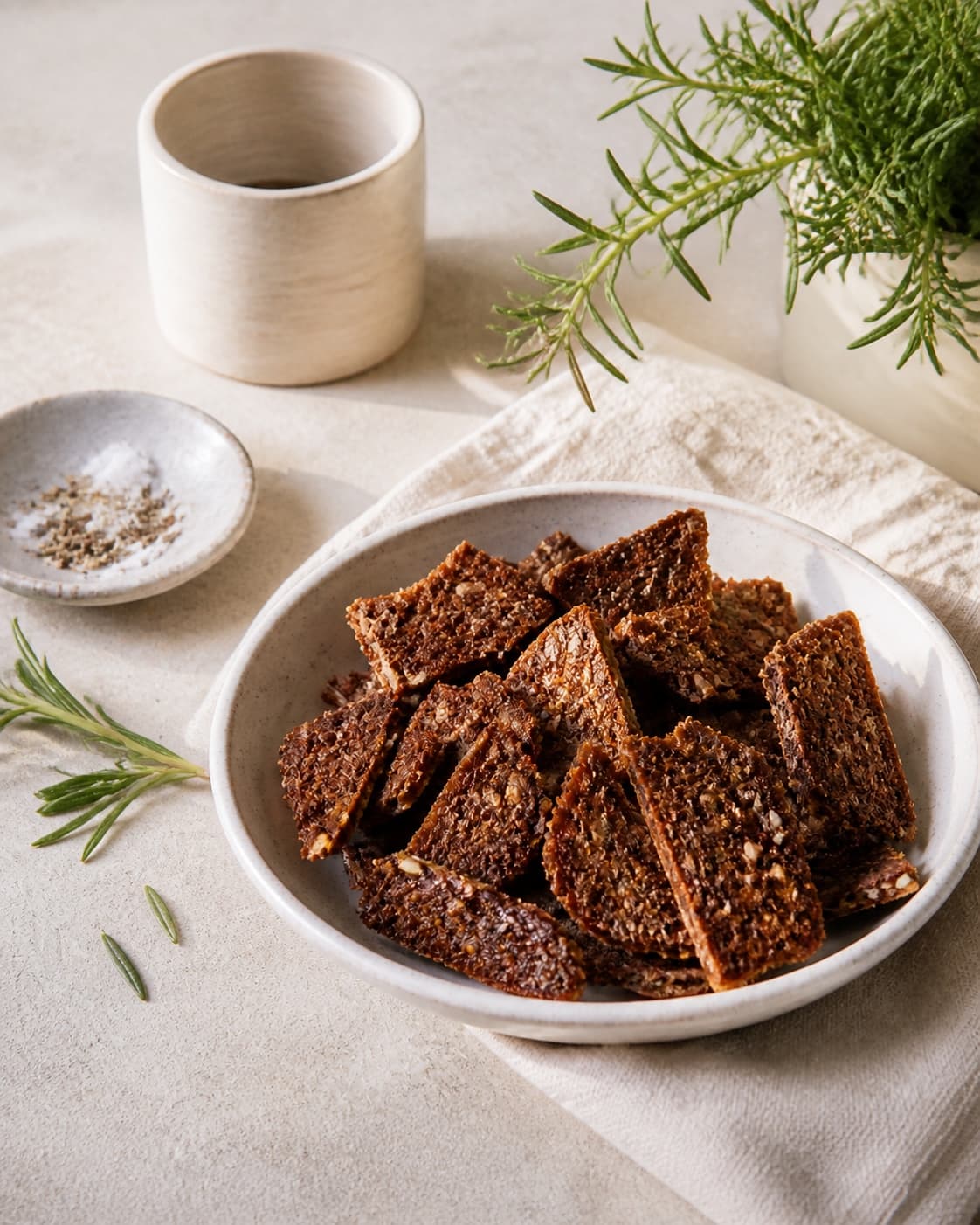 One single photorealistic instructional frame of the finished roasted dish portioned on one serving platter for Rugbrødschips, featuring rugbrød, olivenolie, frisk rosmarin, with only the named equipment and no unrelated food, text, logos or packaging under tilberedningen af rugbrødschips