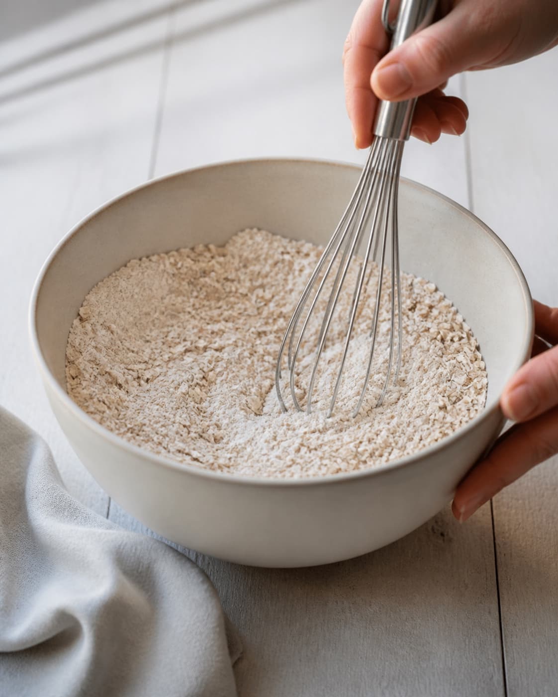 One single photorealistic instructional frame of dry baking ingredients being whisked in one bowl for Hverdagsmuffins uden sukker, featuring bananer, havregryn, æg, with only the named equipment and no unrelated food, text, logos or packaging under tilberedningen af hverdagsmuffins uden sukker