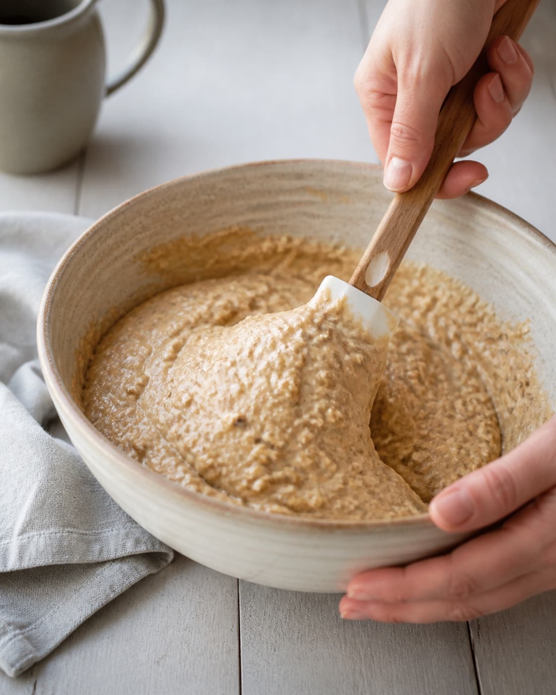 One single photorealistic instructional frame of thick muffin batter being gently folded for Hverdagsmuffins uden sukker, featuring bananer, havregryn, æg, with only the named equipment and no unrelated food, text, logos or packaging under tilberedningen af hverdagsmuffins uden sukker