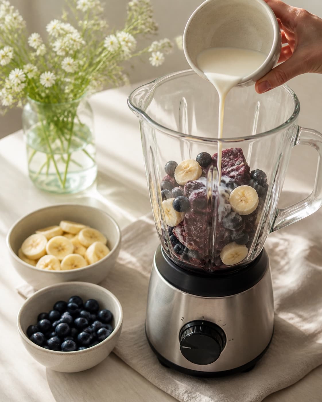 One single photorealistic instructional frame of prepared fruit and measured liquid beside one blender for Acai bowl, featuring frossen acai, bananer, blåbær, with only the named equipment and no unrelated food, text, logos or packaging under tilberedningen af acai bowl