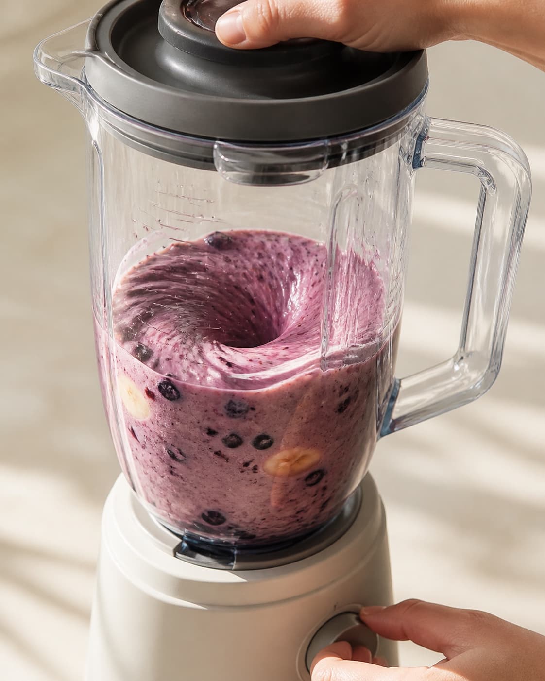 One single photorealistic instructional frame of a smooth pale base swirling inside one blender for Acai bowl, featuring frossen acai, bananer, blåbær, with only the named equipment and no unrelated food, text, logos or packaging under tilberedningen af acai bowl