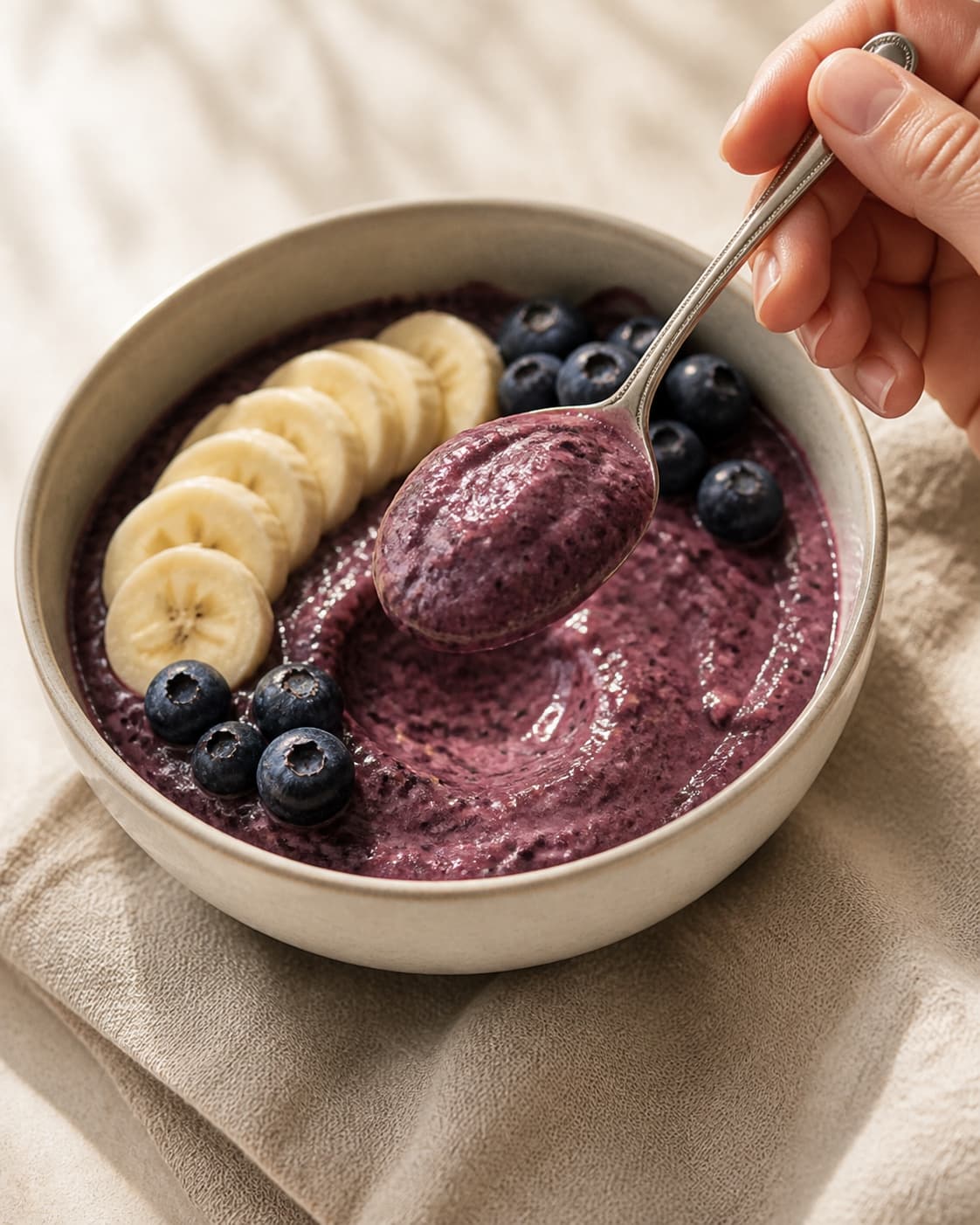 One single photorealistic instructional frame of one spoon checking the thick smoothie consistency for Acai bowl, featuring frossen acai, bananer, blåbær, with only the named equipment and no unrelated food, text, logos or packaging under tilberedningen af acai bowl