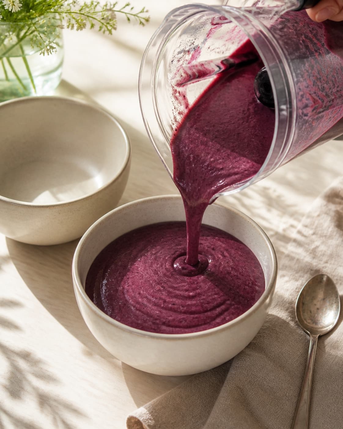 One single photorealistic instructional frame of the finished smoothie poured into clean chilled glasses or bowls for Acai bowl, featuring frossen acai, bananer, blåbær, with only the named equipment and no unrelated food, text, logos or packaging under tilberedningen af acai bowl