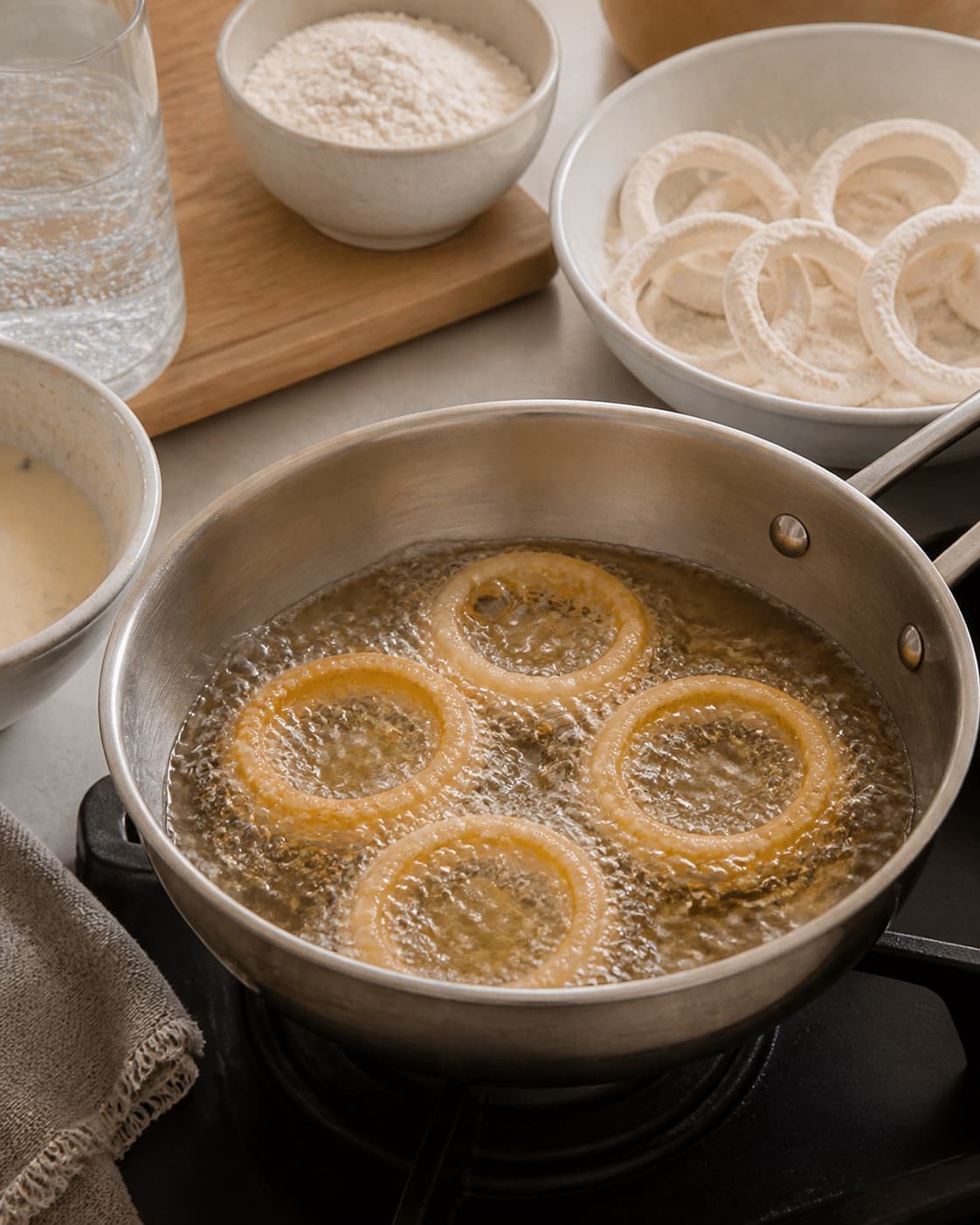 One single photorealistic instructional frame of golden pieces frying in clear oil in one pot for Sprøde løgringe med chilicheese dip, featuring store løg, hvedemel, danskvand, with only the named equipment and no unrelated food, text, logos or packaging under tilberedningen af sprøde løgringe med chilicheese dip