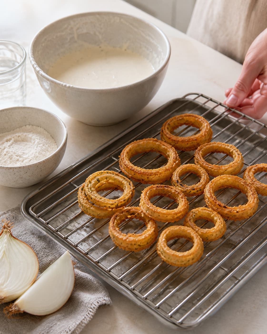 One single photorealistic instructional frame of the crisp fried pieces draining on one rack for Sprøde løgringe med chilicheese dip, featuring store løg, hvedemel, danskvand, with only the named equipment and no unrelated food, text, logos or packaging under tilberedningen af sprøde løgringe med chilicheese dip