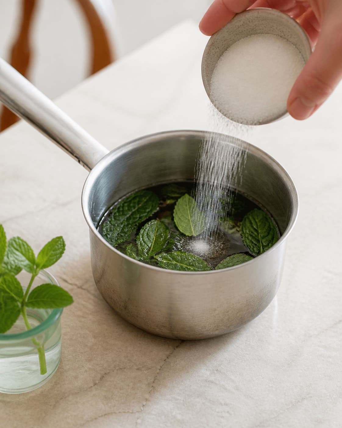 One single photorealistic instructional frame of the aromatic drink base being prepared in one small saucepan for Iskaffe - med myntesirup og mandler, featuring stærk kaffe, frisk mynte, sukker, with only the named equipment and no unrelated food, text, logos or packaging under tilberedningen af iskaffe - med myntesirup og mandler