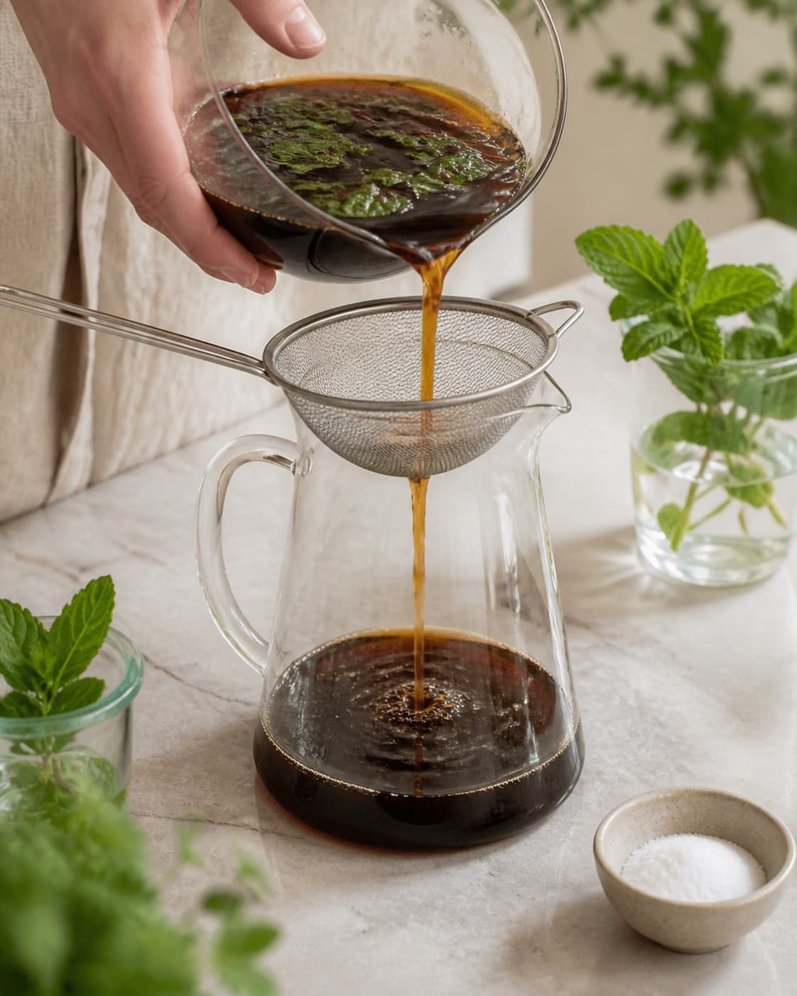 One single photorealistic instructional frame of a strained drink base cooling in one clear jug for Iskaffe - med myntesirup og mandler, featuring stærk kaffe, frisk mynte, sukker, with only the named equipment and no unrelated food, text, logos or packaging under tilberedningen af iskaffe - med myntesirup og mandler