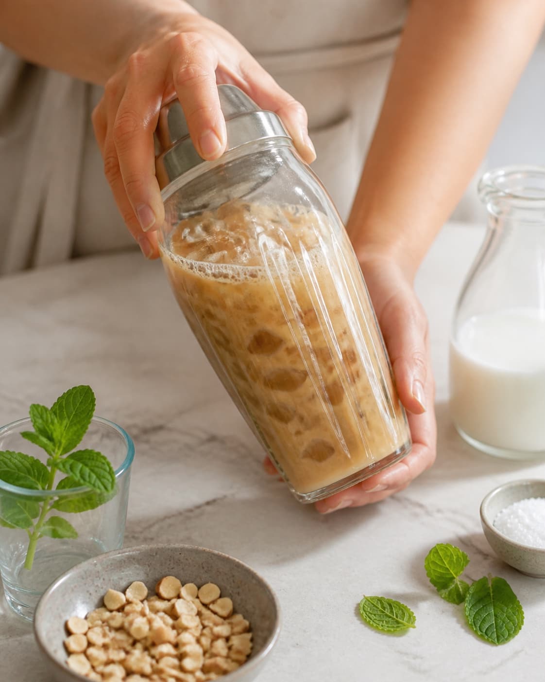 One single photorealistic instructional frame of the drink being shaken or stirred with clear ice for Iskaffe - med myntesirup og mandler, featuring stærk kaffe, frisk mynte, sukker, with only the named equipment and no unrelated food, text, logos or packaging under tilberedningen af iskaffe - med myntesirup og mandler