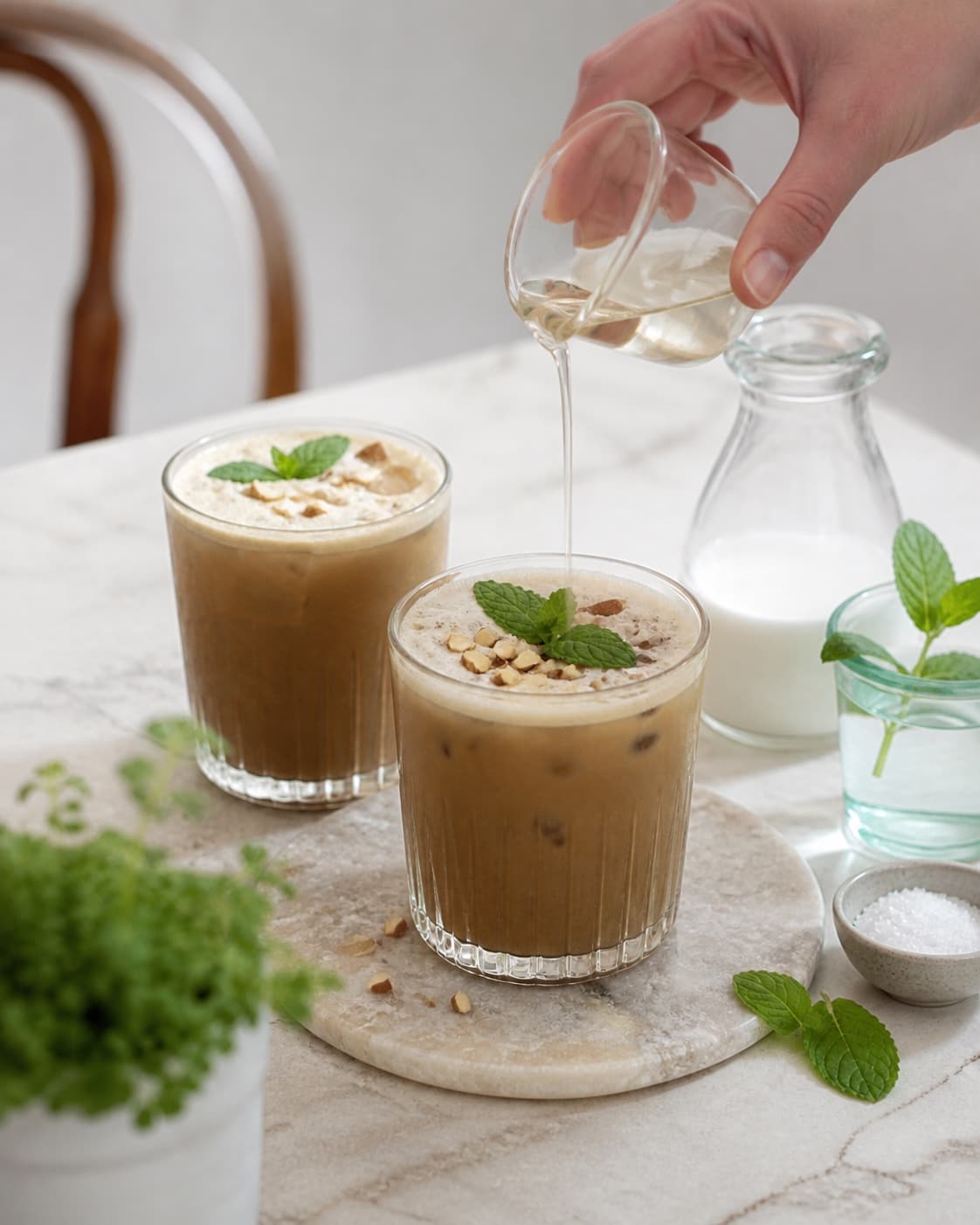 One single photorealistic instructional frame of the completed drink in clean chilled glasses with restrained garnish for Iskaffe - med myntesirup og mandler, featuring stærk kaffe, frisk mynte, sukker, with only the named equipment and no unrelated food, text, logos or packaging under tilberedningen af iskaffe - med myntesirup og mandler
