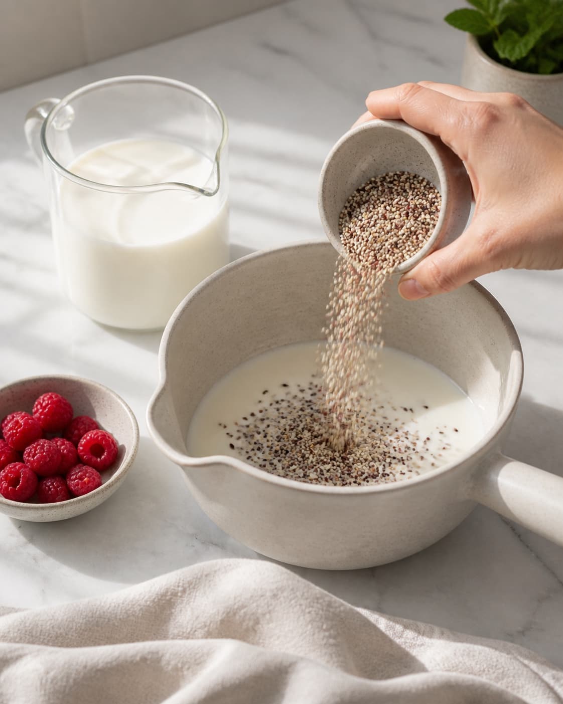 One single photorealistic instructional frame of measured grains seeds and liquid before cooking for Quinoa morgengrød med mynte og hindbær, featuring quinoa, mælk, hindbær, with only the named equipment and no unrelated food, text, logos or packaging under tilberedningen af quinoa morgengrød med mynte og hindbær