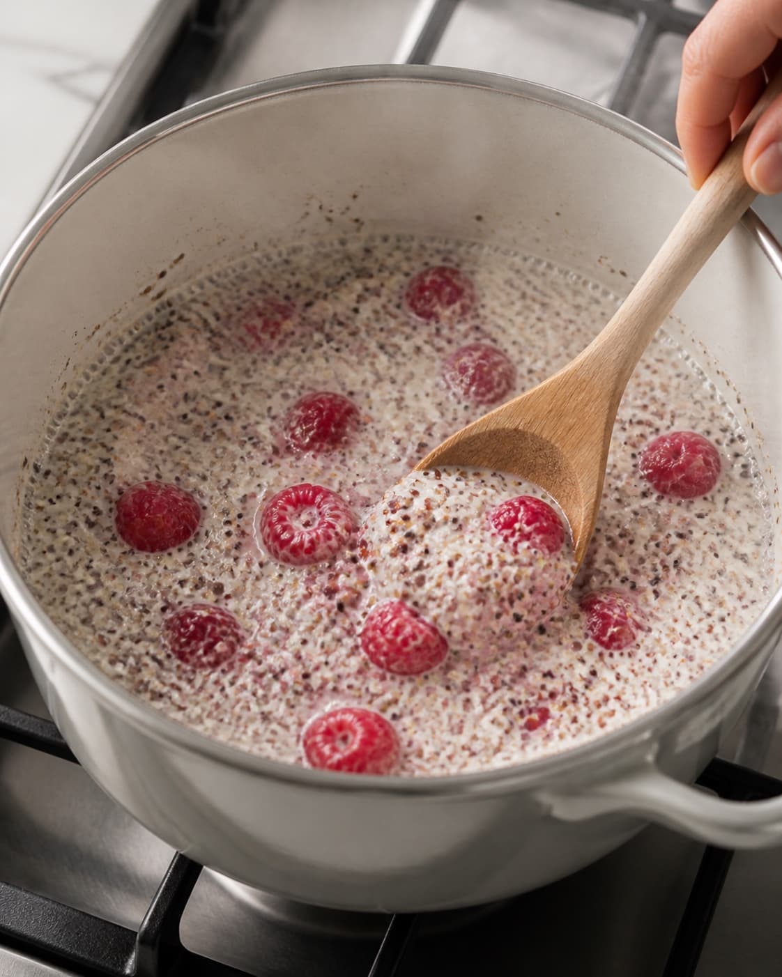 One single photorealistic instructional frame of creamy breakfast porridge gently simmering in one pot for Quinoa morgengrød med mynte og hindbær, featuring quinoa, mælk, hindbær, with only the named equipment and no unrelated food, text, logos or packaging under tilberedningen af quinoa morgengrød med mynte og hindbær