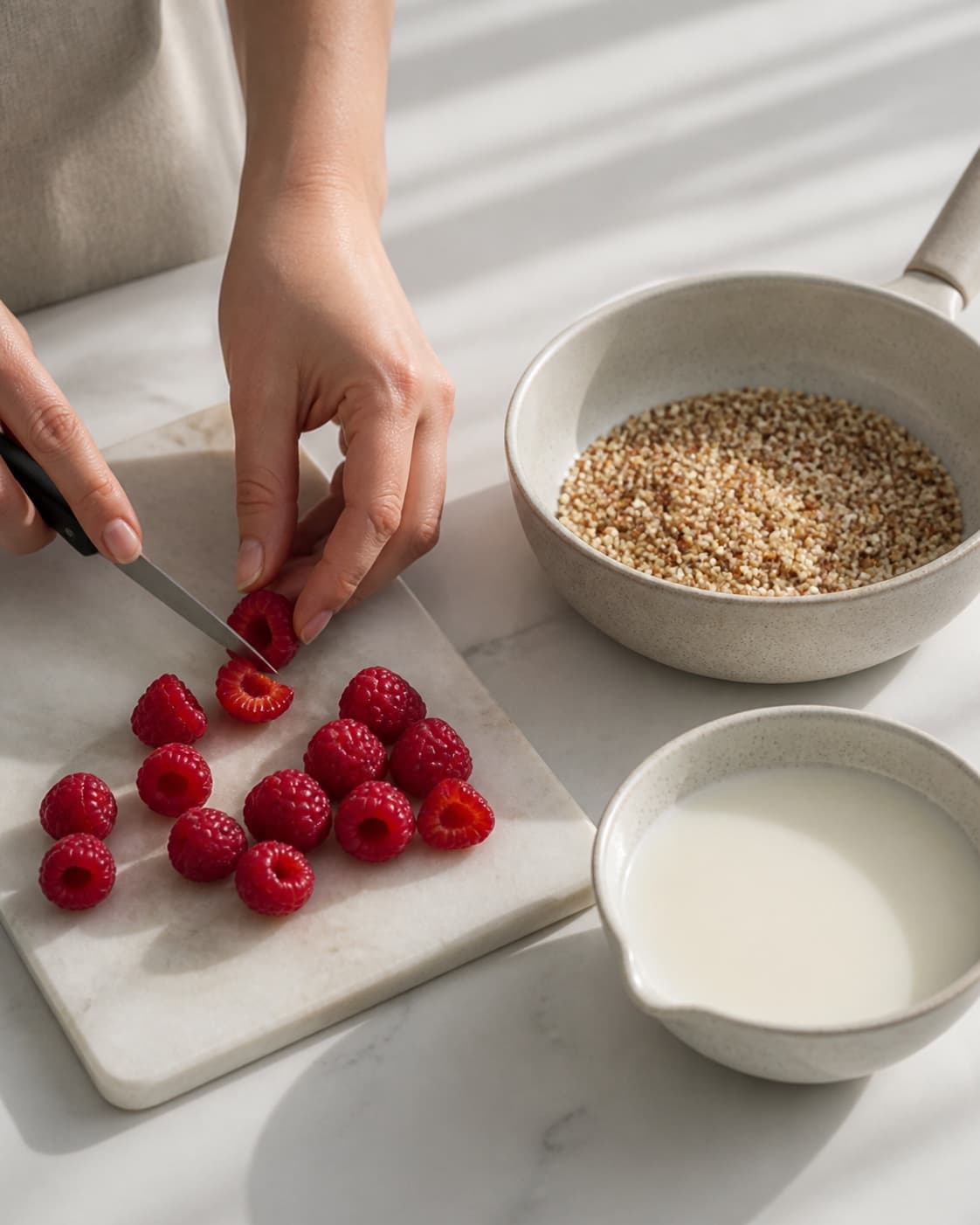 One single photorealistic instructional frame of fresh fruit being cut beside one small pan of toasted topping for Quinoa morgengrød med mynte og hindbær, featuring quinoa, mælk, hindbær, with only the named equipment and no unrelated food, text, logos or packaging under tilberedningen af quinoa morgengrød med mynte og hindbær