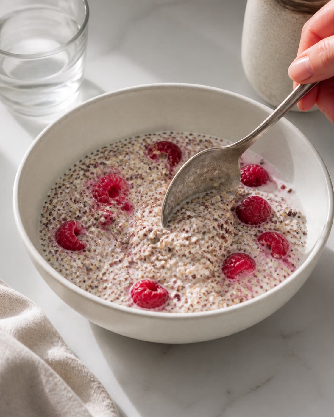 One single photorealistic instructional frame of the porridge consistency being adjusted with a spoon for Quinoa morgengrød med mynte og hindbær, featuring quinoa, mælk, hindbær, with only the named equipment and no unrelated food, text, logos or packaging under tilberedningen af quinoa morgengrød med mynte og hindbær