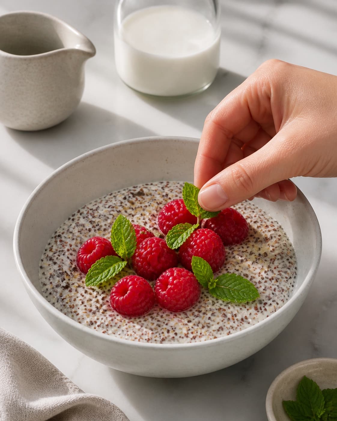 One single photorealistic instructional frame of finished breakfast bowls topped with the named fruit and garnish for Quinoa morgengrød med mynte og hindbær, featuring quinoa, mælk, hindbær, with only the named equipment and no unrelated food, text, logos or packaging under tilberedningen af quinoa morgengrød med mynte og hindbær