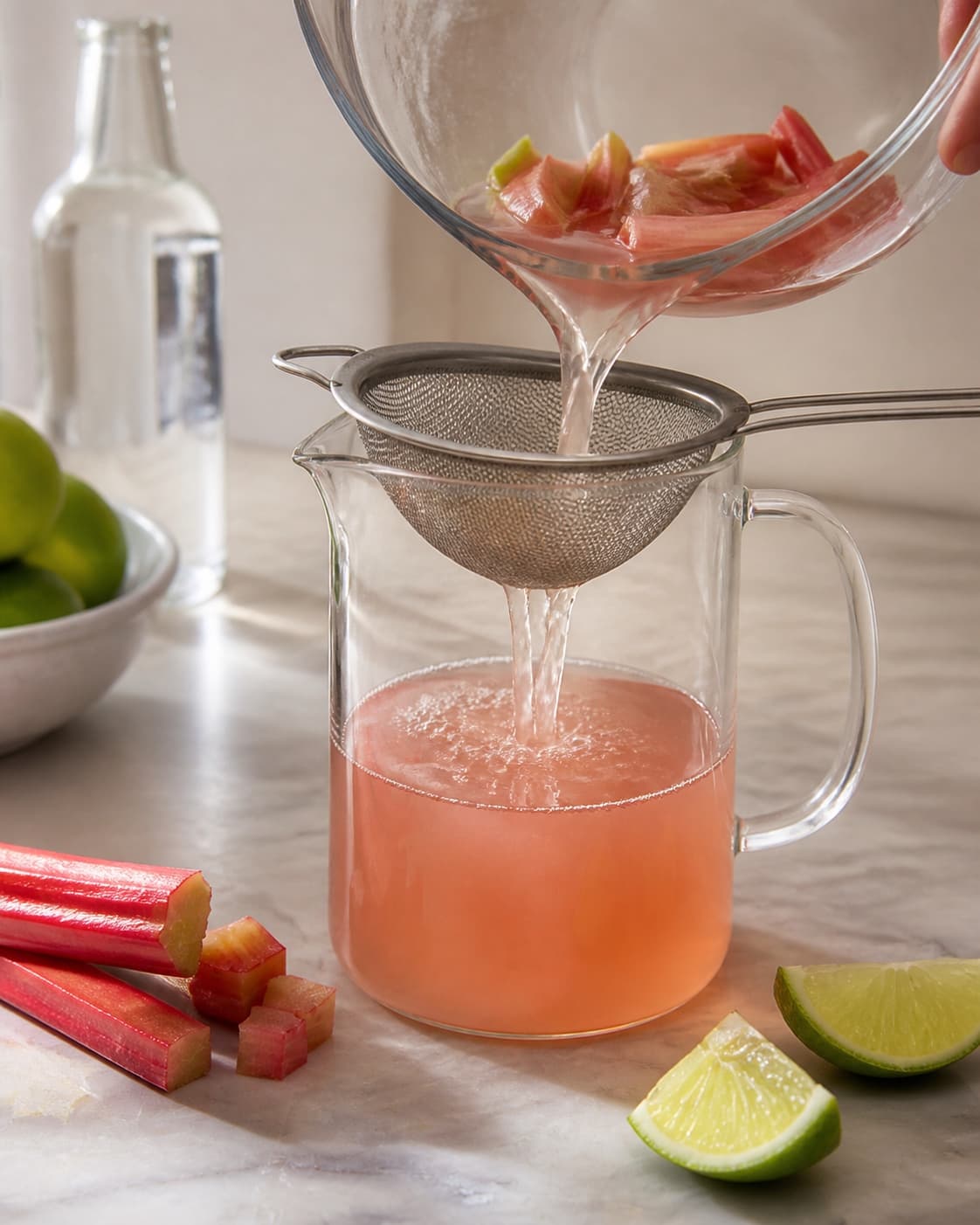 One single photorealistic instructional frame of a strained drink base cooling in one clear jug for Rabarber Mojito, featuring rabarber, hvid rom, lime, with only the named equipment and no unrelated food, text, logos or packaging under tilberedningen af rabarber mojito